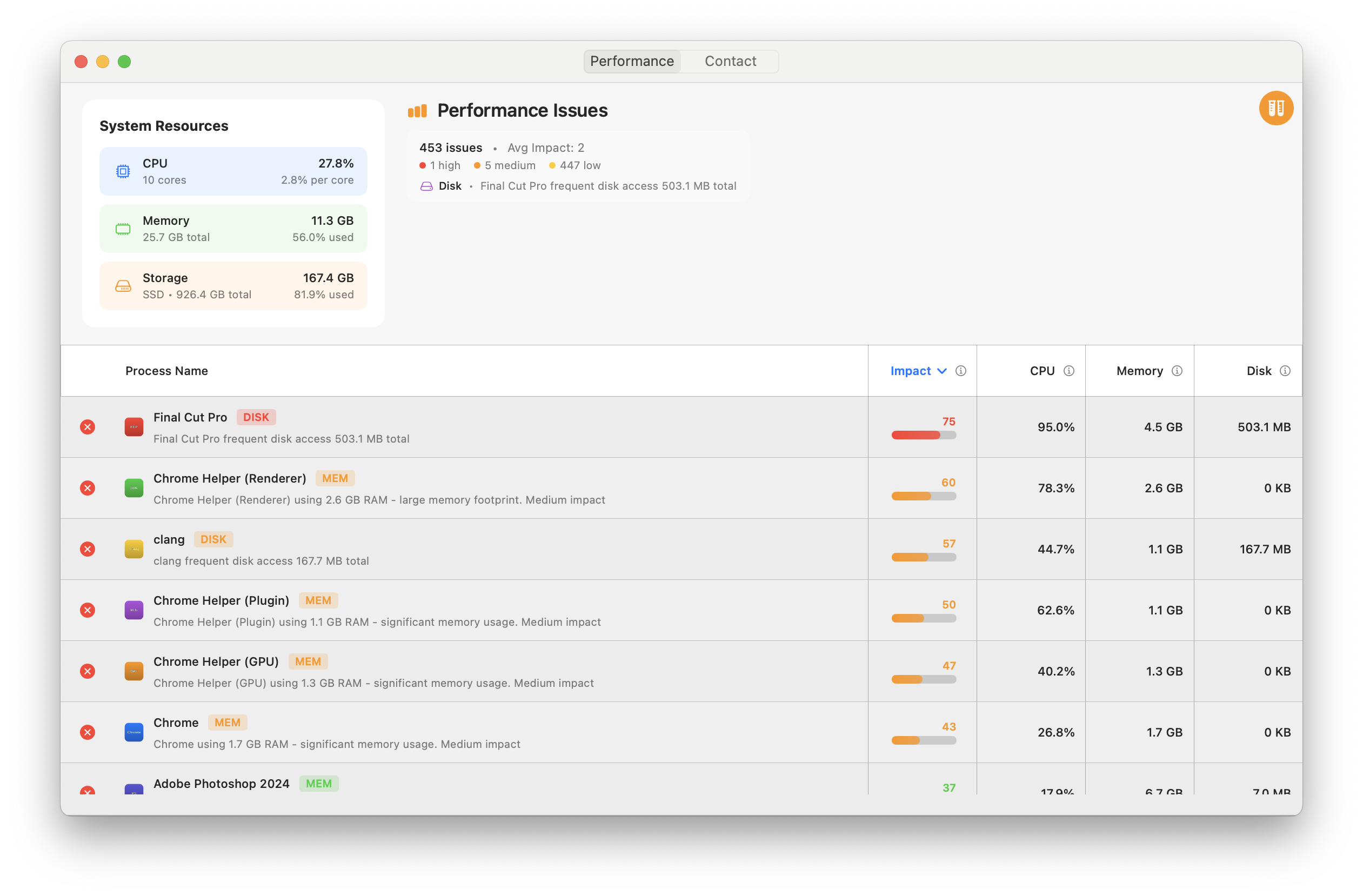 WhySlow App Interface - Real-time performance monitoring dashboard